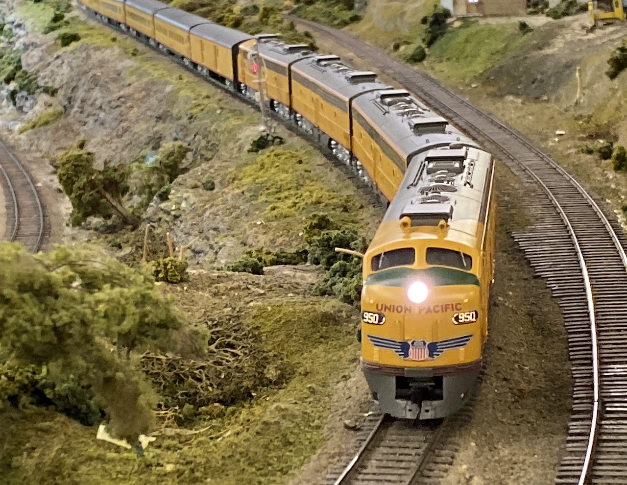 Union Pacific passenger train heads down hill